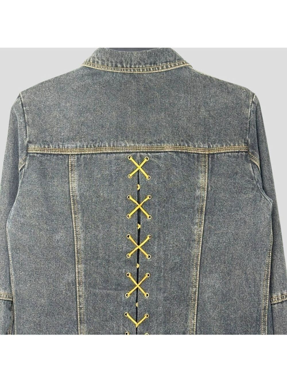 90s Gray Denim Jacket M Lace Up Corset Back Whimsigoth Grunge Steampunk Y2K - Picture 4 of 13